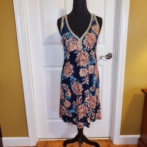 Lucky Brand Embroidered Floral Cotton Dress Blue Peach V-Neck Sleeveless SMALL
